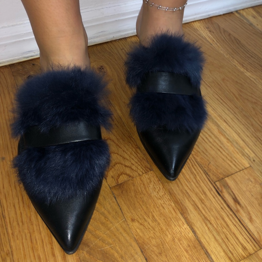 Franco sarto rabbit fur and leather pointed mules